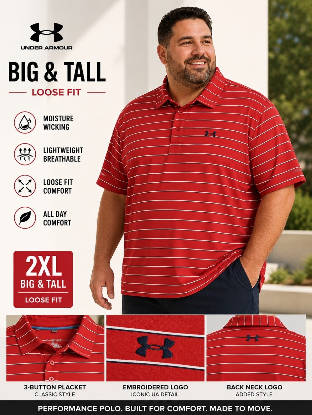 Under Armour HeatGear Red Striped Polo Shirt Men's 2XL Loose Fit Golf